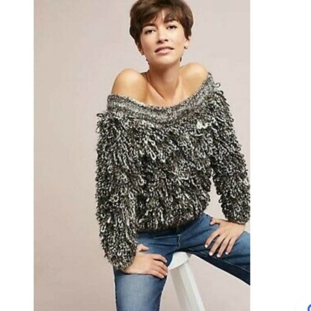 Anthropologie Laura Siegel Off Shoulder Loop Knit Sweater Merle Alpaca XS/S